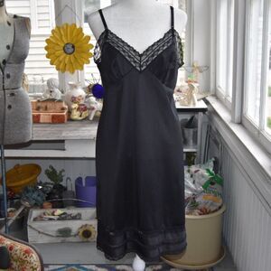 Vintage 80s Black Nylon Tricot Full Slip Lace Trim USA Sliperfection 40
